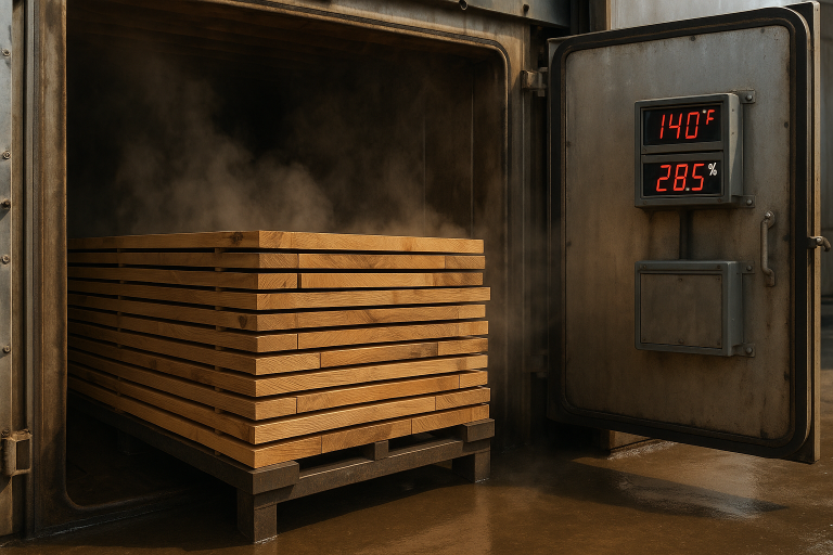 A visual representation of a commercial wood kiln drying process, illustrating temperature and humidity controls crucial for achieving specific moisture content, essential for preventing warping and cracking in `wooden platforms`.