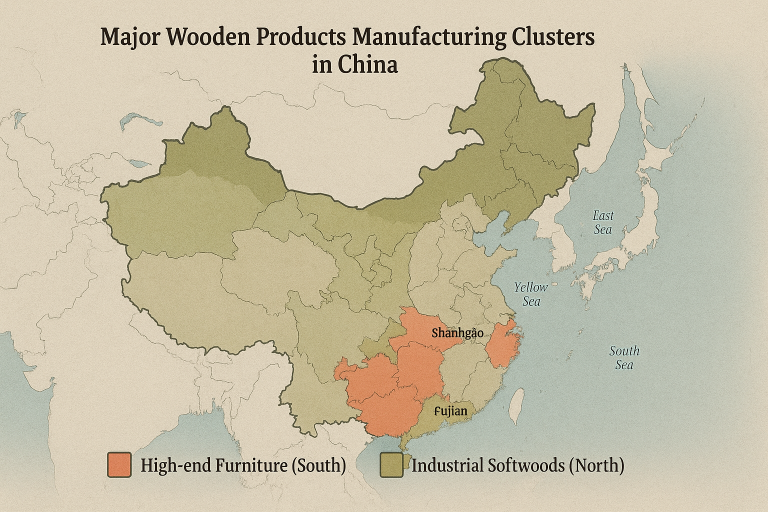 Geographic map highlighting major wooden products manufacturing clusters in China, distinguishing regions for high-end furniture (South) vs. industrial softwoods (North), aiding targeted supplier search.