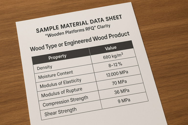 A sample material data sheet for a specific wood type or engineered wood product, highlighting key properties like density, moisture content, and strength ratings, crucial for `wooden platforms RFQ` clarity.