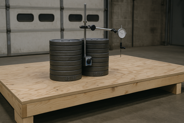 A professional setup demonstrating static load testing on a wooden platform, with weights and deflection measurement equipment, essential for verifying structural integrity and safety for industrial or stage applications.