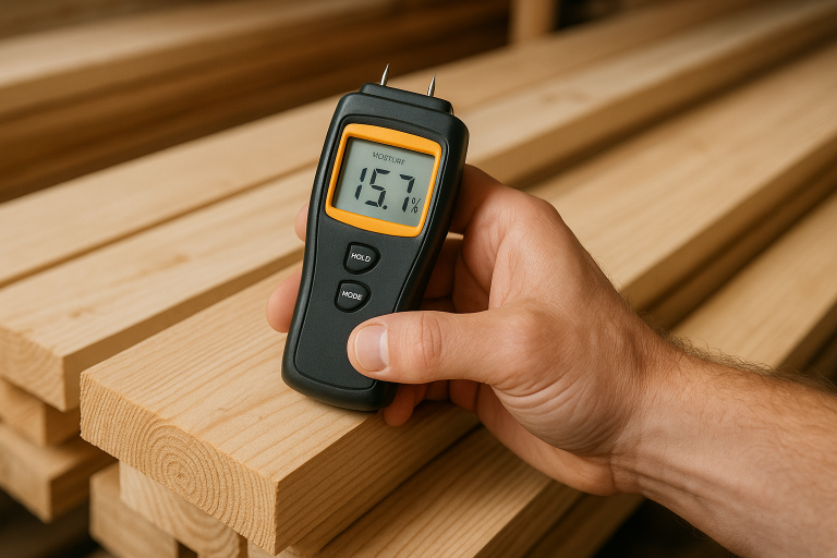 A digital wood moisture meter being used on a timber plank, illustrating a critical `wooden platforms quality control` check for incoming raw materials to prevent future wood movement issues.