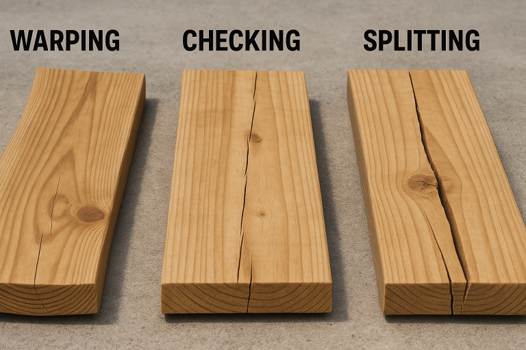 A visual diagram illustrating common wood defects such as warping, checking, and splitting, demonstrating how improper drying or environmental changes impact structural integrity and aesthetic quality of `wooden platforms`.