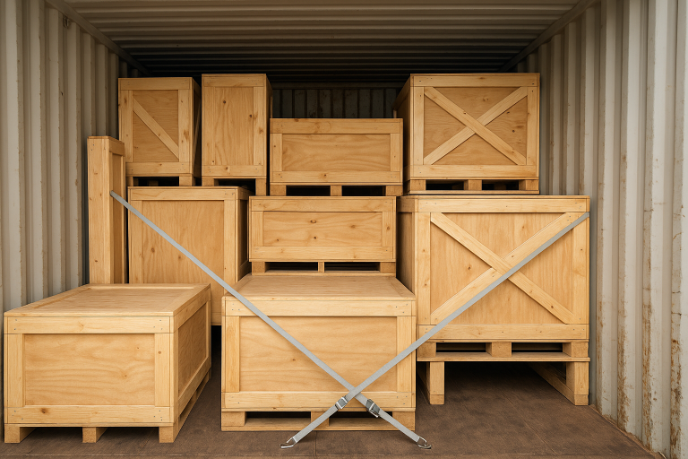 An optimized cargo loading diagram within a shipping container, illustrating how varied wooden platform shapes and sizes can be efficiently secured to maximize space and prevent transit damage.