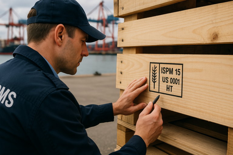 A customs officer inspecting the ISPM 15 stamp on a wooden crate at a port, emphasizing the critical importance of proper marking for international `wooden platforms` compliance.