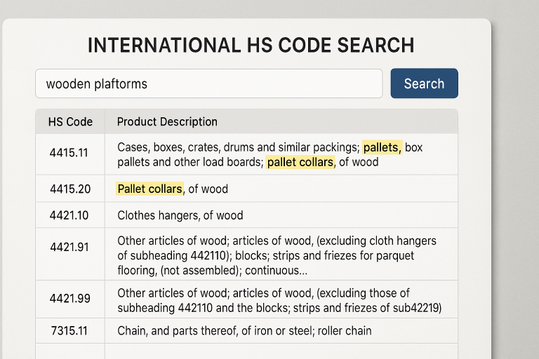 A screenshot of an international HS code search interface, demonstrating the process of accurately classifying wooden platforms for customs clearance, highlighting keywords for specific product types.