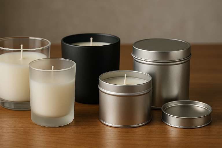 A professional montage showcasing the wide variety of candle containers available for sourcing, including transparent glass, frosted glass, matte black ceramic, and silver metallic tins, illustrating the diverse material and finish options.