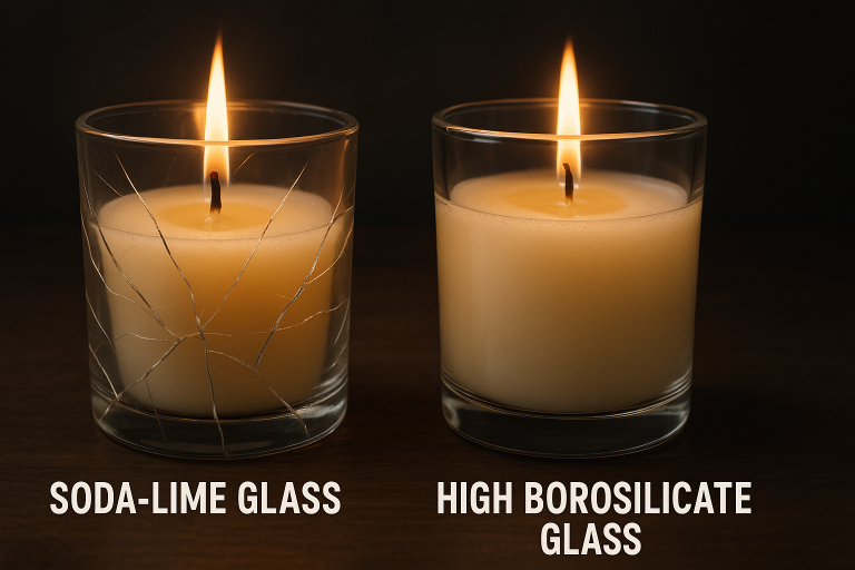 A comparative visual demonstrating the critical difference in material performance: a standard soda-lime glass container exhibits visible cracking under simulated heat stress, contrasted with a high borosilicate glass container remaining perfectly intact, underscoring the vital importance of specifying appropriate glass composition for candle safety.