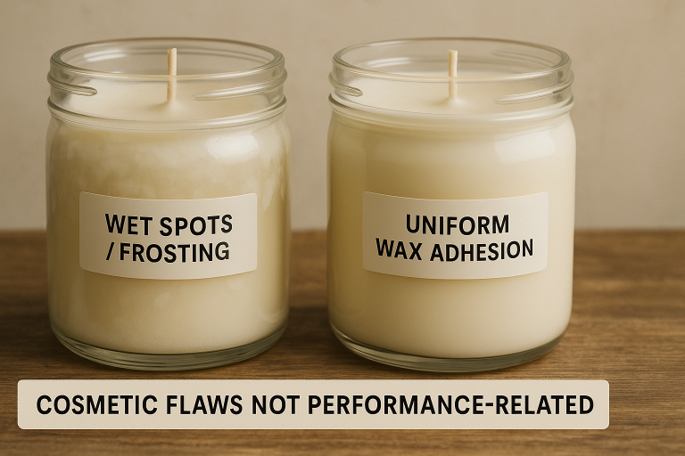A visual comparison illustrating common aesthetic variations in soy wax candles; one shows 