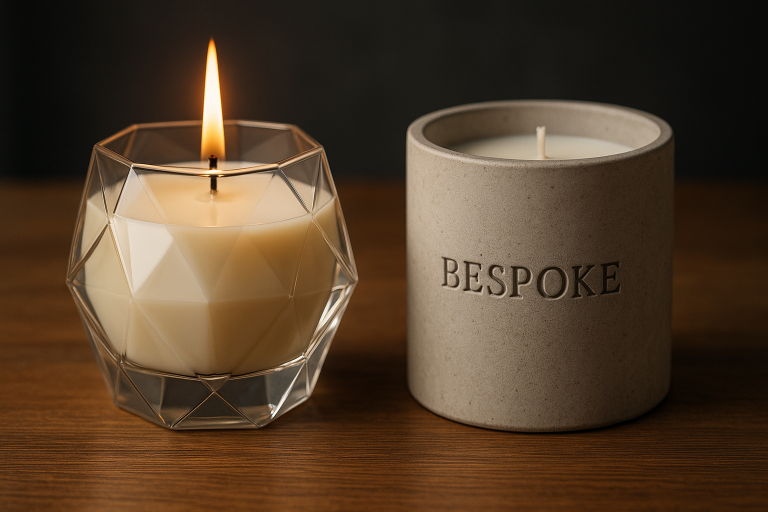 A visual composite demonstrating the extensive customization capabilities for candle containers, featuring a geometrically unique glass vessel and a concrete container with a finely embossed logo, showcasing possibilities for bespoke design.