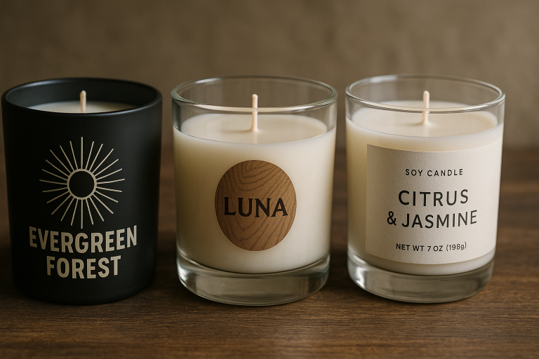 A visual comparison showcasing diverse branding techniques on candle containers: one features direct screen printing for bold graphics, another displays a sophisticated laser-engraved logo, and a third utilizes a high-quality paper label, highlighting their distinct aesthetic impacts.