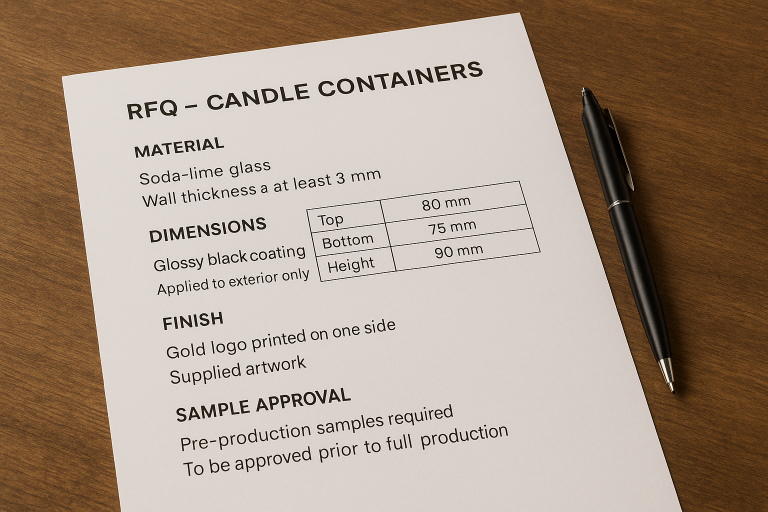 A visual representation of a comprehensive Request for Quotation (RFQ) template snippet for candle containers, emphasizing sections for precise material specifications, detailed dimensions, finish requirements, branding guidelines, and sample approval protocols, underscoring the necessity of clear communication in sourcing.