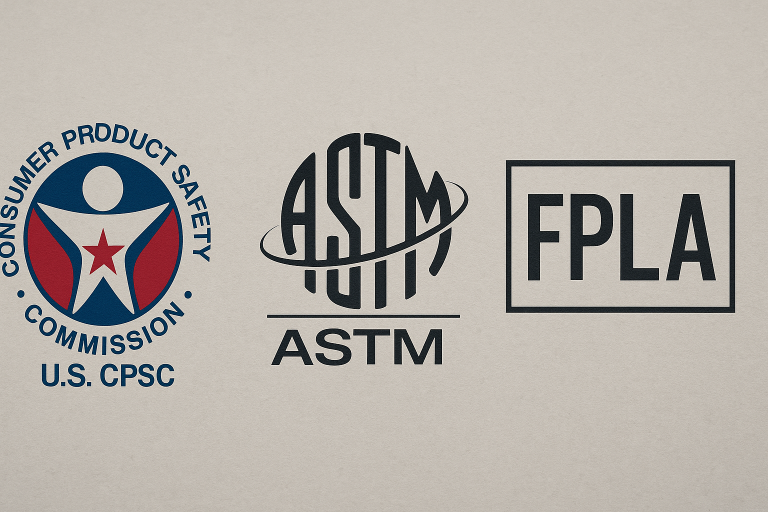 A compilation of logos representing key U.S. regulatory and standards organizations: the Consumer Product Safety Commission (CPSC), the American Society for Testing and Materials (ASTM), and the Fair Packaging and Labeling Act (FPLA), symbolizing the regulatory landscape for imported candle products.