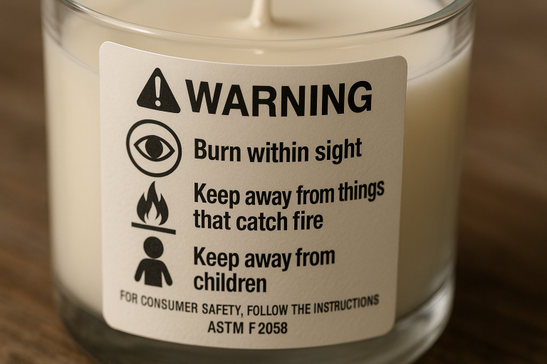 A visual example of a compliant candle warning label, prominently displaying the mandatory safety instructions 