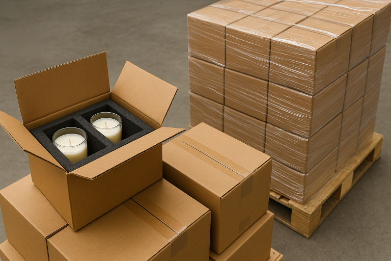 A visual demonstrating robust packaging designed for fragile candle containers, featuring custom-molded foam inserts securely holding containers within a corrugated box. The boxes are stacked and shrink-wrapped on a wooden pallet, illustrating best practices for protecting delicate goods during international transit.