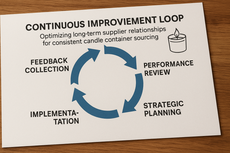 A clear diagram illustrating a continuous improvement loop, showcasing an iterative process cycle involving stages of feedback collection, performance review, strategic planning, and implementation, emphasizing its application in optimizing long-term supplier relationships for consistent candle container sourcing.
