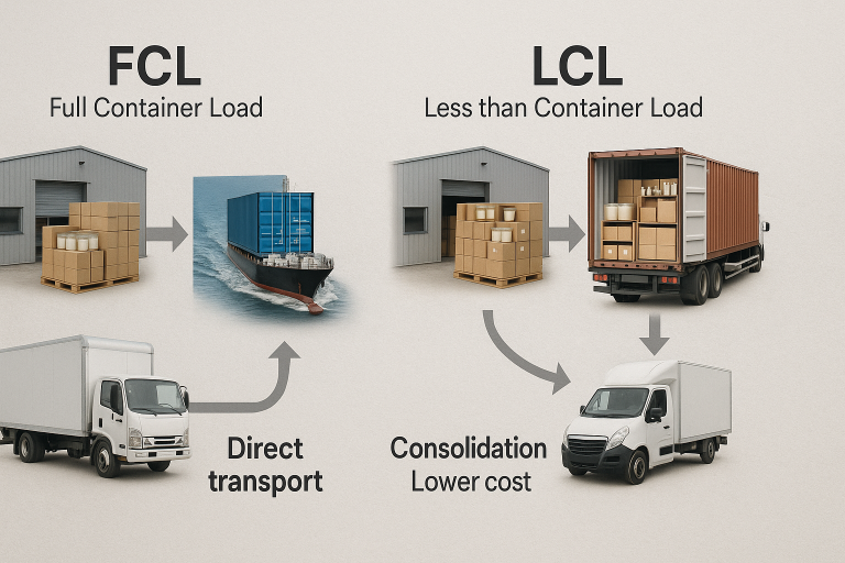 A diagram comparing the logistics flow and cost-efficiency of Full Container Load (FCL) versus Less than Container Load (LCL) for sea freight. This illustrates how FCL offers direct transport with less handling, ideal for large volumes of fragile candle containers, while LCL consolidates shipments, potentially increasing handling risks but reducing costs for smaller batches.