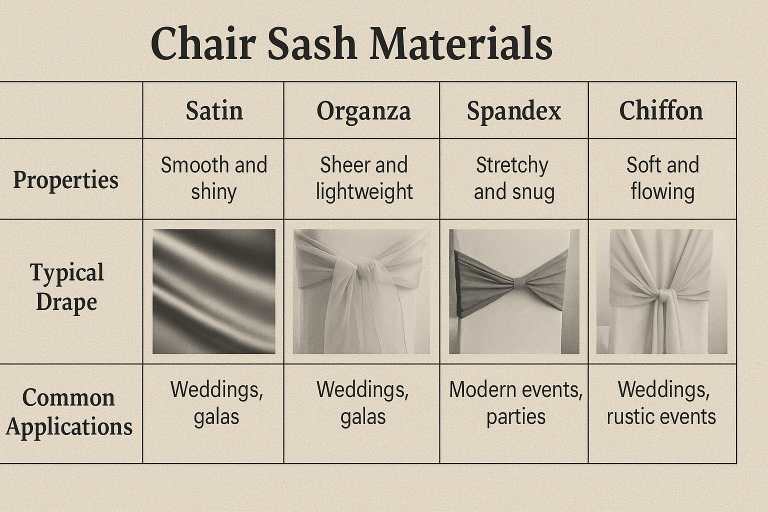 A comparative table illustrating the distinct properties, typical drape, and common applications of key chair sash materials, including Satin, Organza, Spandex, and Chiffon, to assist in material selection.