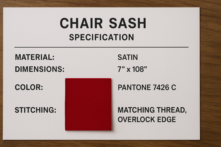 A detailed technical specification sheet for a Chair Sash order, demonstrating how to precisely outline material type, dimensions, Pantone color codes, and stitching specifics to ensure manufacturing accuracy.