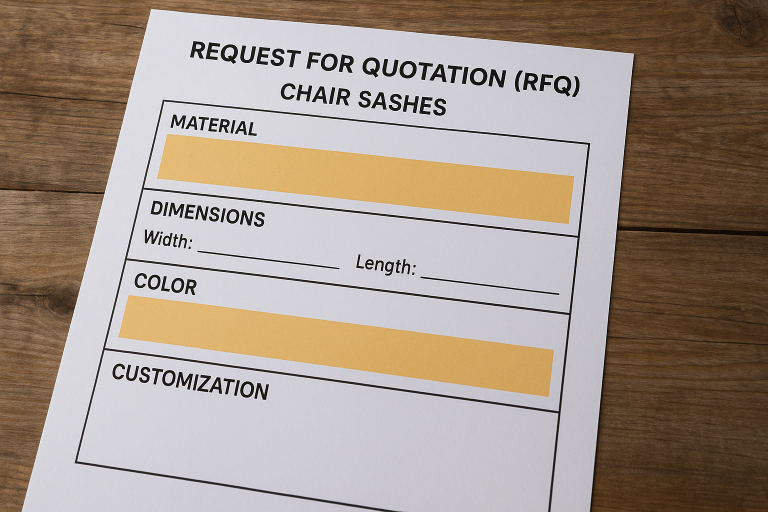 A template demonstrating the key sections of a comprehensive Request for Quotation (RFQ) specifically for Chair Sashes, with highlighted fields for material specifications, precise dimensions, exact color codes, and customization details.