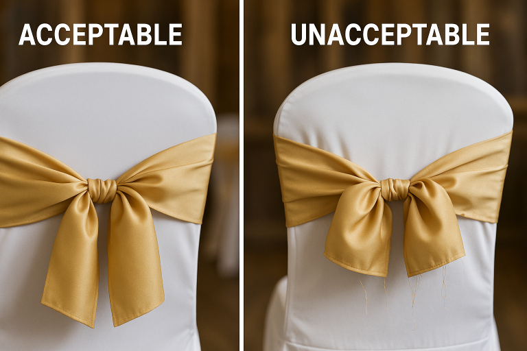 A side-by-side comparison image visually contrasting acceptable chair sash stitching quality with unacceptable examples, highlighting common defects like loose threads, uneven tension, and irregular hems.