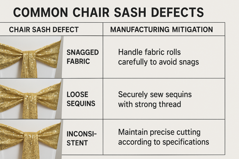 An infographic detailing common chair sash defects, such as snagged fabric, loose sequins, and inconsistent sizing, alongside corresponding manufacturing mitigation strategies for producers.