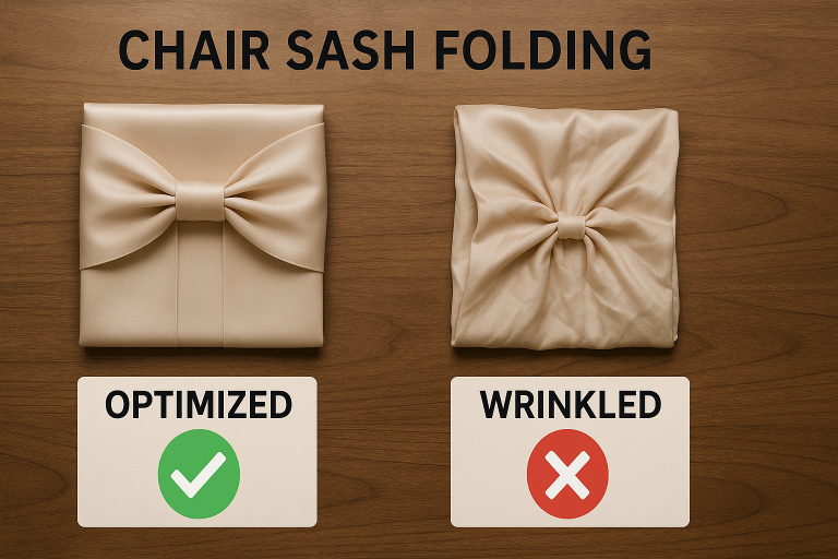 A visual guide comparing optimized folding techniques for chair sashes that minimize wrinkles during bulk packaging, showcasing methods to preserve product integrity during shipping.