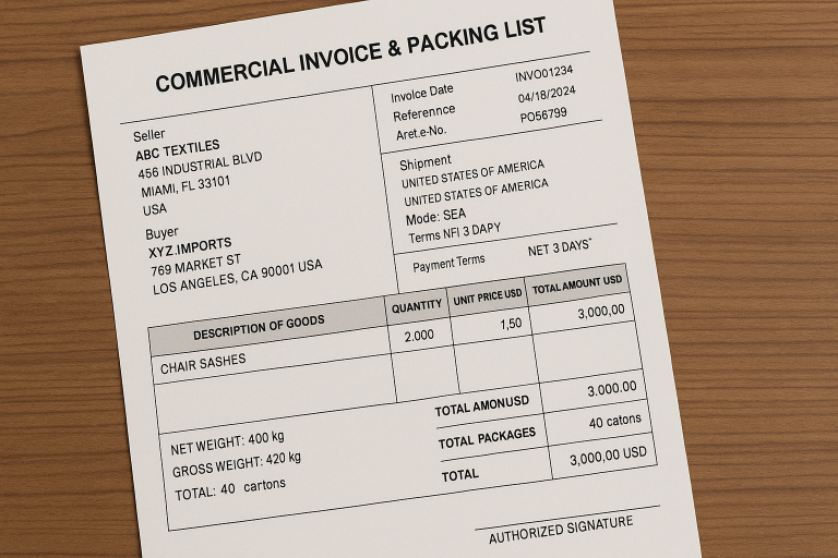 An example of a meticulously prepared commercial invoice and packing list for a textile shipment, highlighting key fields and data points crucial for efficient Chair Sashes imports and customs compliance.