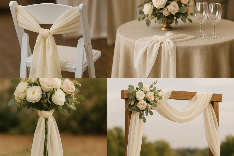 A visual collage showcasing various creative applications of chair sashes beyond typical chair embellishment, such as draped over tables, tied around floral arrangements, or as arch decor, illustrating their multi-functional textile asset potential.