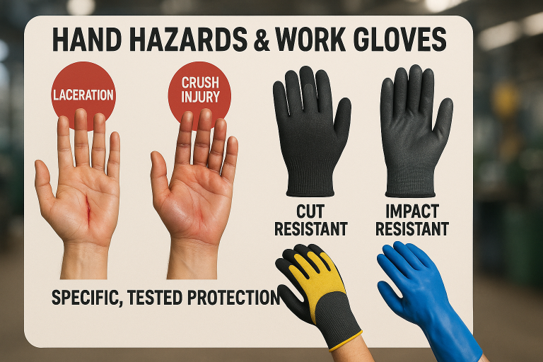 Infographic illustrating common hand hazards (e.g., lacerations, crush injuries, chemical burns) and how different work glove types provide specific, tested protection against each, emphasizing the essential role of specialized PPE in diverse industrial settings.