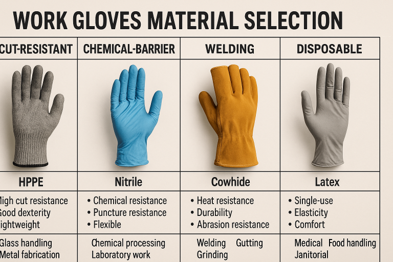 A side-by-side comparison chart detailing optimal `work gloves material selection` for different specialized glove types (e.g., HPPE for cut-resistant, Nitrile for chemical barrier, Cowhide for welding), listing their key properties and common industrial applications to aid buyers in material specification.