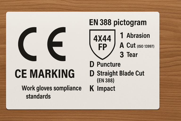 A visual guide to the CE Marking symbol and the associated EN 388 pictogram for `work gloves compliance standards`, clearly explaining what each numerical or alphabetical character signifies for mechanical protection levels (e.g., abrasion, cut, tear, puncture, straight blade cut, impact). This aids buyers in interpreting performance ratings.