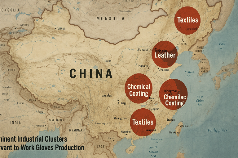 A geographical map of China highlighting prominent industrial clusters relevant to `work gloves production`, indicating regions known for specialized expertise in textiles, leather processing, and chemical coating, aiding strategic supplier search.