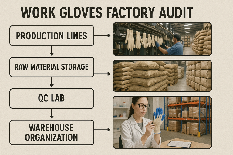 A visual checklist or flowchart detailing key areas to inspect during a `work gloves factory audit`, including production lines, raw material storage, QC labs, and warehouse organization, to ensure comprehensive due diligence.