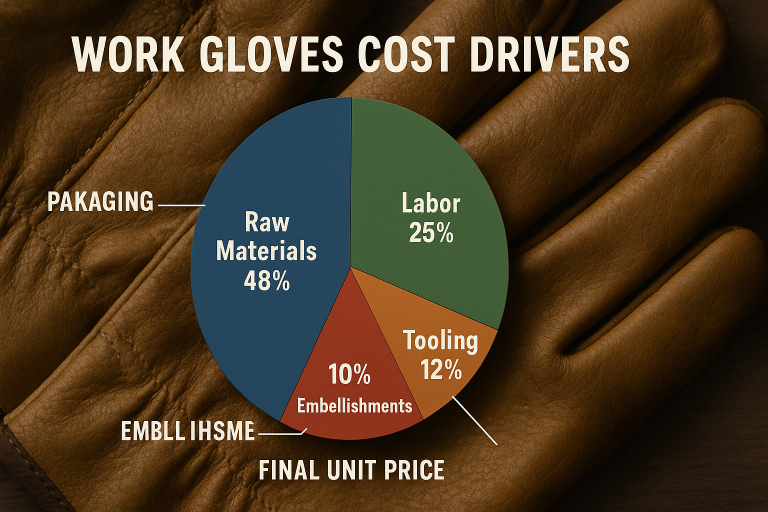 A clear breakdown of `work gloves cost drivers`, visually illustrating the proportional impact of raw materials, labor, tooling, embellishments, and packaging on the final unit price, empowering buyers to identify `negotiation levers` effectively.