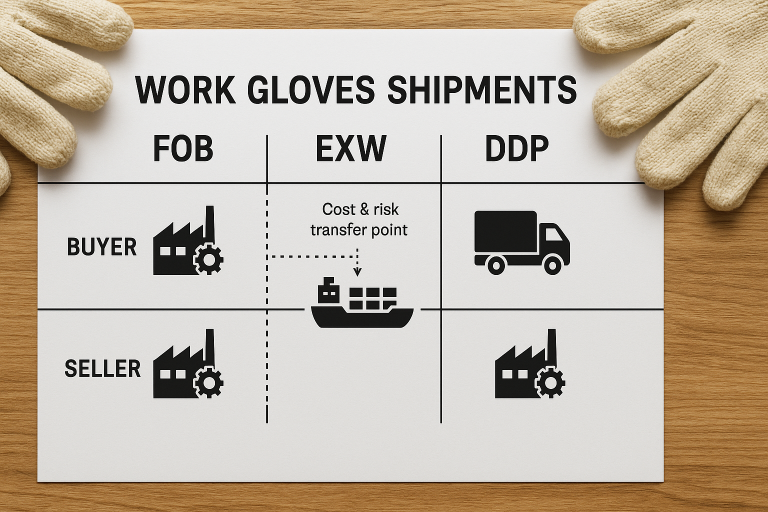 A concise diagram illustrating the clear division of responsibilities (cost and risk transfer points) between buyer and seller under common Incoterms (FOB, EXW, DDP) specifically for `work gloves shipments`, aiding buyers in selecting the optimal term for their logistics strategy.