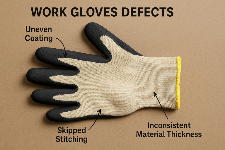 A visual guide to common `work gloves defects` such as uneven coating, skipped stitching, and inconsistent material thickness, illustrating critical visual cues for quality inspectors during `in-production QC` to prevent product non-conformance.