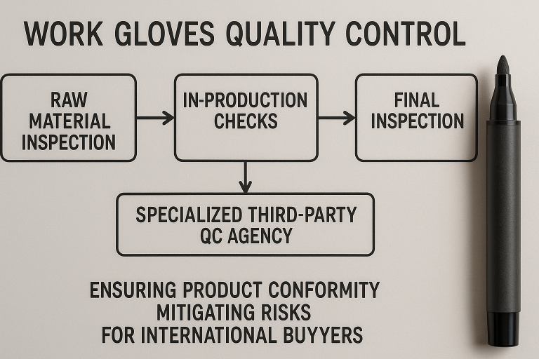 A strategic flowchart illustrating the key stages of `work gloves quality control` (raw material inspection, in-production checks, final inspection) and highlighting the critical role of specialized third-party QC agencies in ensuring product conformity and mitigating risks for international buyers.