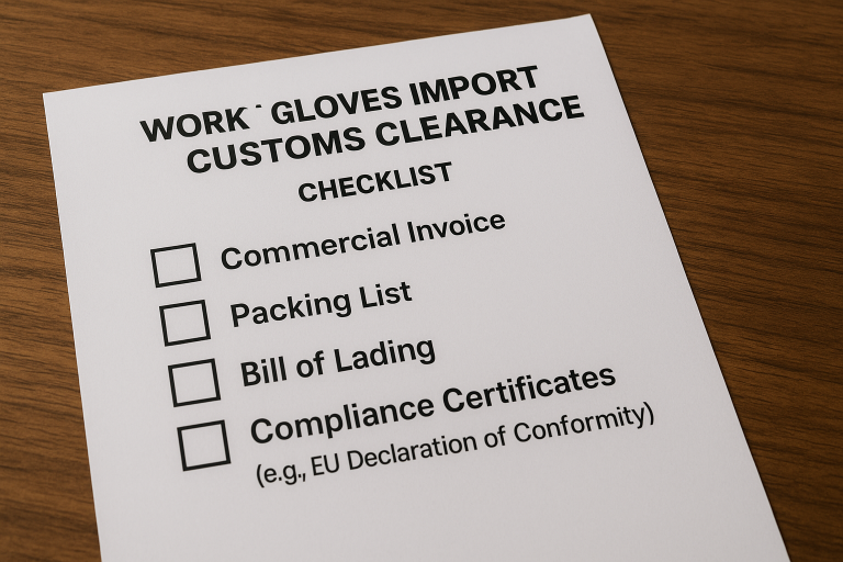 An example of a `work gloves import customs clearance` checklist, detailing all essential documents such as commercial invoice, packing list, bill of lading, and mandatory compliance certificates (e.g., EU Declaration of Conformity), to ensure a smooth import process.