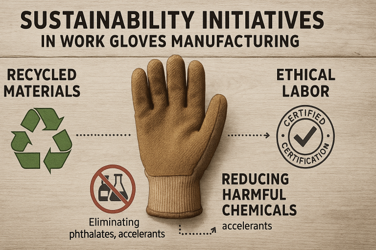 An infographic showcasing key `sustainability initiatives` in `work gloves manufacturing`, including the utilization of recycled materials, efforts to reduce harmful chemical usage (e.g., eliminating phthalates and accelerants), and adherence to ethical labor certifications, illustrating a commitment to responsible sourcing.