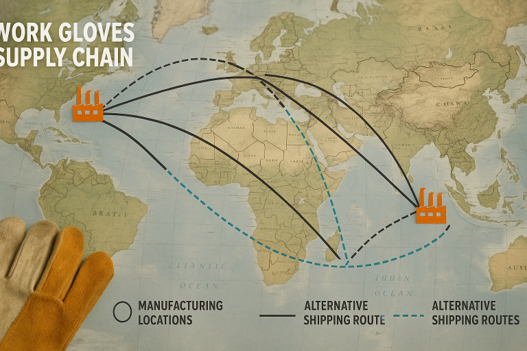 A visual representation of a diversified `work gloves supply chain` network, showing multiple manufacturing locations and alternative shipping routes, illustrating strategies for mitigating `supply chain disruptions` and geopolitical risks.