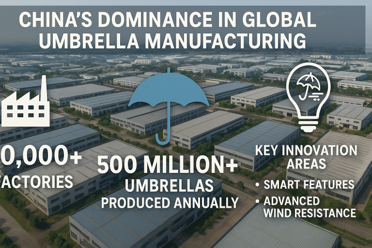 Infographic illustrating China's unparalleled dominance in global umbrella manufacturing, visually representing the immense number of factories, vast production volumes, and key innovation areas such as smart features and advanced wind resistance technologies.