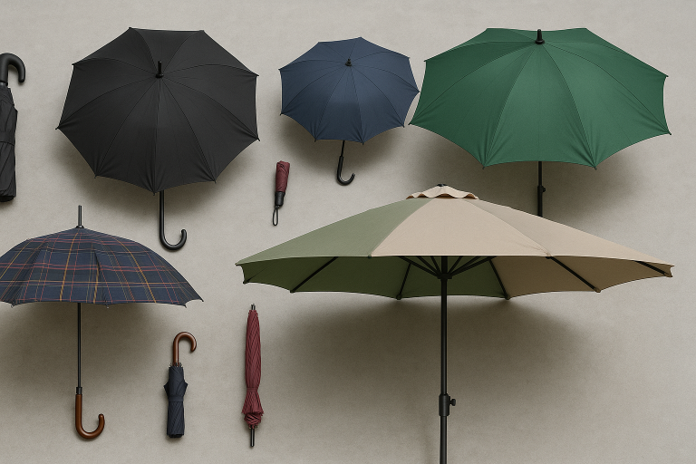 A visual collage showcasing the extensive range of common umbrella categories, from ultra-compact folding models ideal for urban commuters to expansive golf and patio umbrellas, illustrating their distinct design forms and functional sizes.
