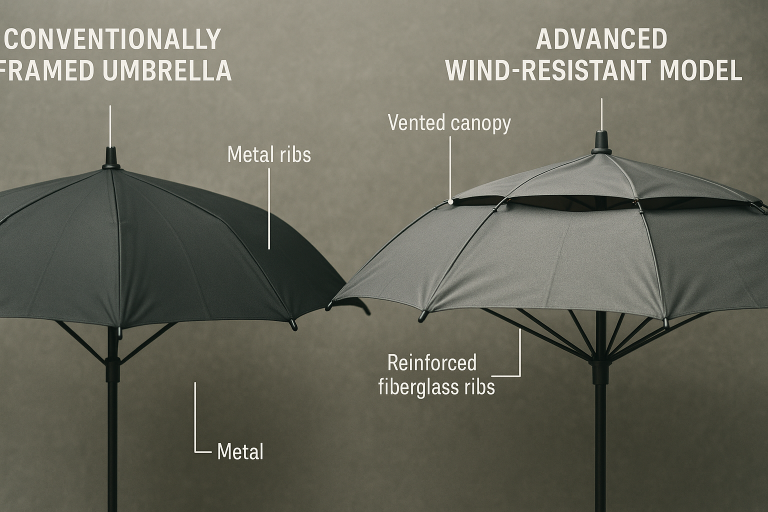 A detailed diagram illustrating the critical structural differences between a conventionally framed umbrella and an advanced wind-resistant model, highlighting specific engineering features such as vented canopies and reinforced fiberglass ribs crucial for enhanced performance in adverse weather conditions.