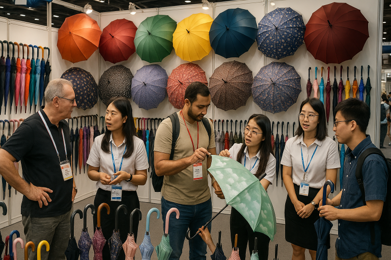 A dynamic photo illustrating a bustling trade show booth for an umbrella manufacturer at the Canton Fair, featuring a diverse display of umbrella types and capturing the direct engagement between potential buyers and sales representatives, highlighting the importance of in-person product assessment.