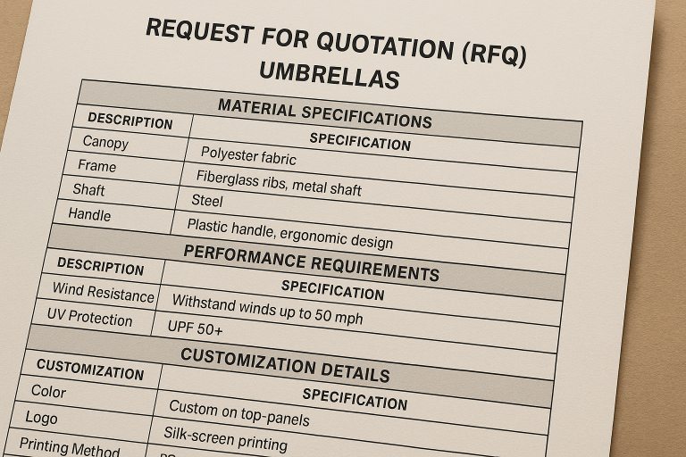 A practical template of a highly detailed Request for Quotation (RFQ) specifically tailored for umbrellas, clearly delineating essential sections for comprehensive material specifications, quantifiable performance benchmarks (such as wind resistance and UV protection levels), intricate customization details, and precise packaging requirements.