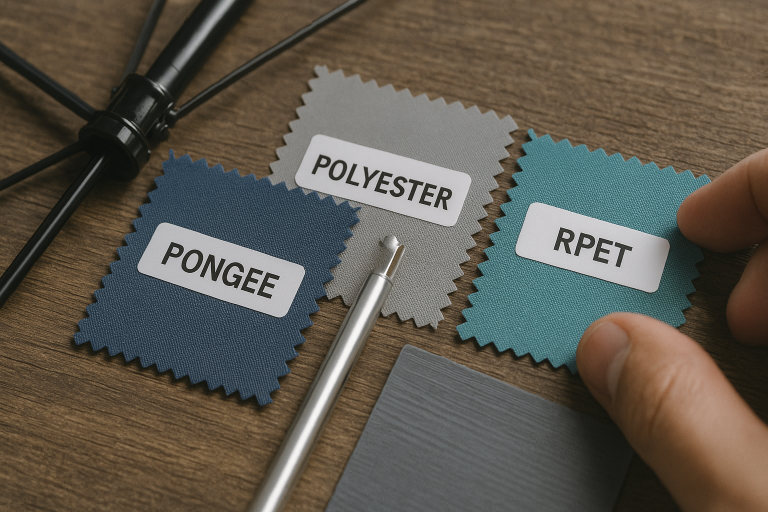 A precise close-up photograph showcasing various umbrella material swatches—including Pongee, Polyester, and RPET—alongside key frame components like fiberglass ribs and an aluminum shaft. This image illustrates the critical process of material inspection, ensuring compliance with quality specifications before mass production.