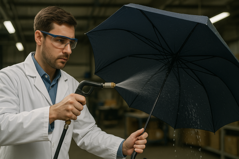 A quality control technician diligently conducting a specialized waterproofing test on an umbrella canopy using a controlled spray nozzle. This image highlights the crucial pre-shipment verification process, confirming that no leaks are present and the umbrella meets specified water repellency standards.