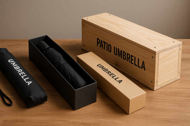 A visual series of photographs demonstrating diverse and optimized packaging types specifically designed for umbrellas, ranging from individual branded sleeves and custom boxes for compact models to robust, protective crates engineered for the secure transit of large patio umbrellas, highlighting tailored solutions.