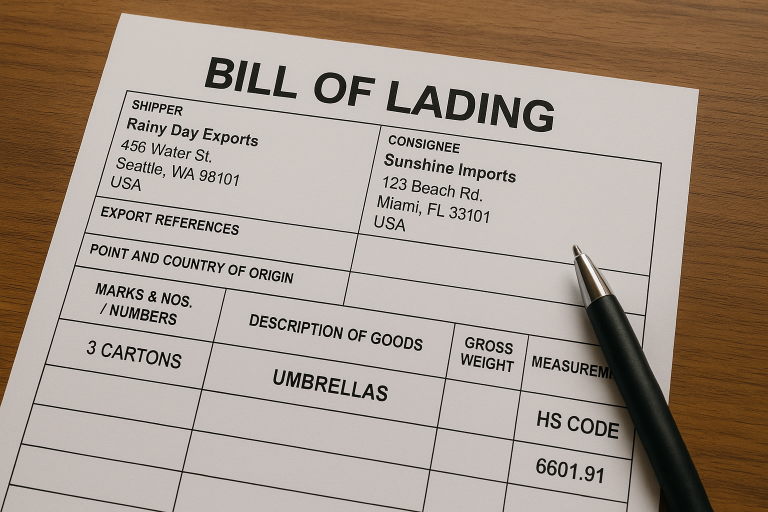 An illustrative example of a meticulously completed Bill of Lading (BOL) specifically for an umbrella shipment, visually highlighting key data fields such as the shipper's details, consignee information, quantity of goods, and the crucial HS code for accurate customs declaration.
