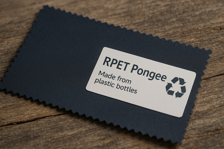 A close-up photograph featuring a swatch of RPET Pongee fabric, prominently displaying a label indicating its composition from recycled plastic bottles. This image powerfully illustrates the tangible adoption of sustainable material choices within umbrella manufacturing.